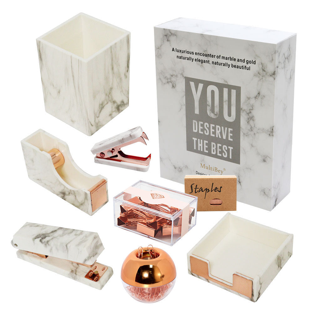 Office Set Marble Pattern Pen Holder Stapler Tape Base Memo Pad