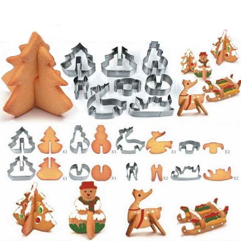 8 18-piece Set Gingerbread House Stainless Steel Christmas Scenario Cookie Cutters Set Biscuit Mold Fondant Cutter Baking Tools