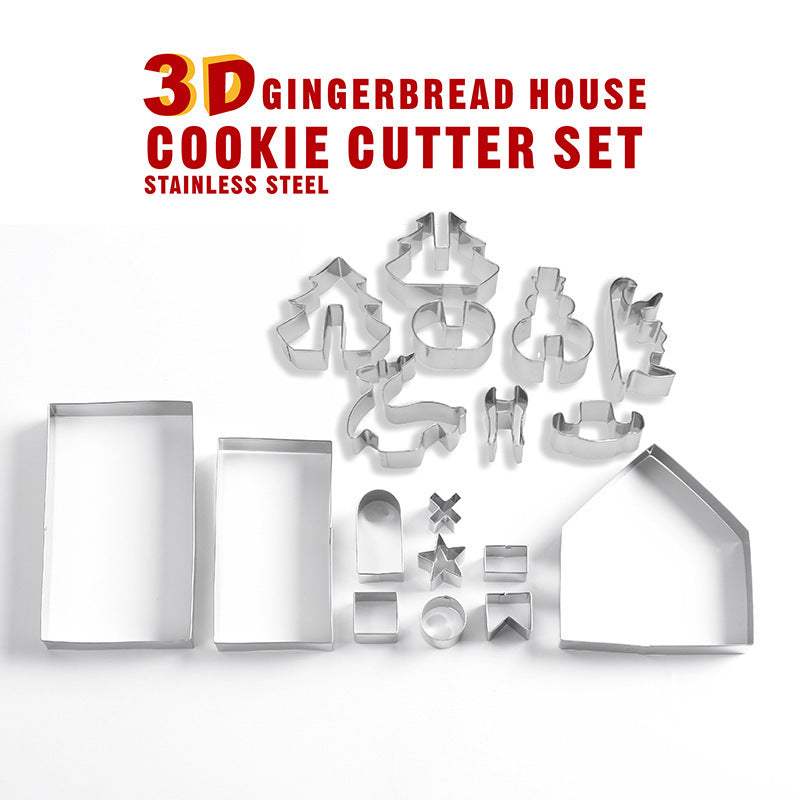 8 18-piece Set Gingerbread House Stainless Steel Christmas Scenario Cookie Cutters Set Biscuit Mold Fondant Cutter Baking Tools