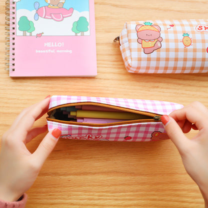 Bear Plaid Waterproof Storage Stationery Bag