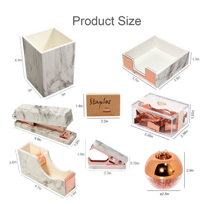 Office Set Marble Pattern Pen Holder Stapler Tape Base Memo Pad