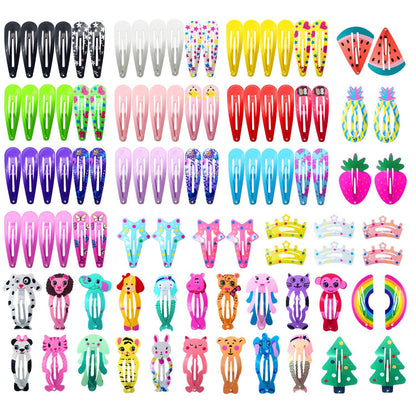 Hair Clips For Girls,100 Pcs No Slip Metal Snap, Barrettes For Kids Teens Women, Cute Candy Color Cartoon Design Hair Pins Animals Fruits Crowns Stars