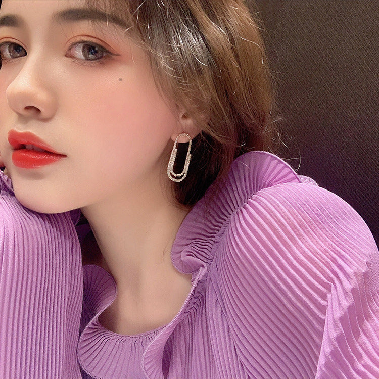 Silver Pin Stud Earrings With Paper Clips And Diamonds