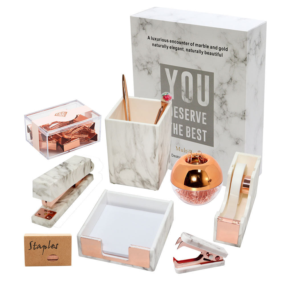 Office Set Marble Pattern Pen Holder Stapler Tape Base Memo Pad