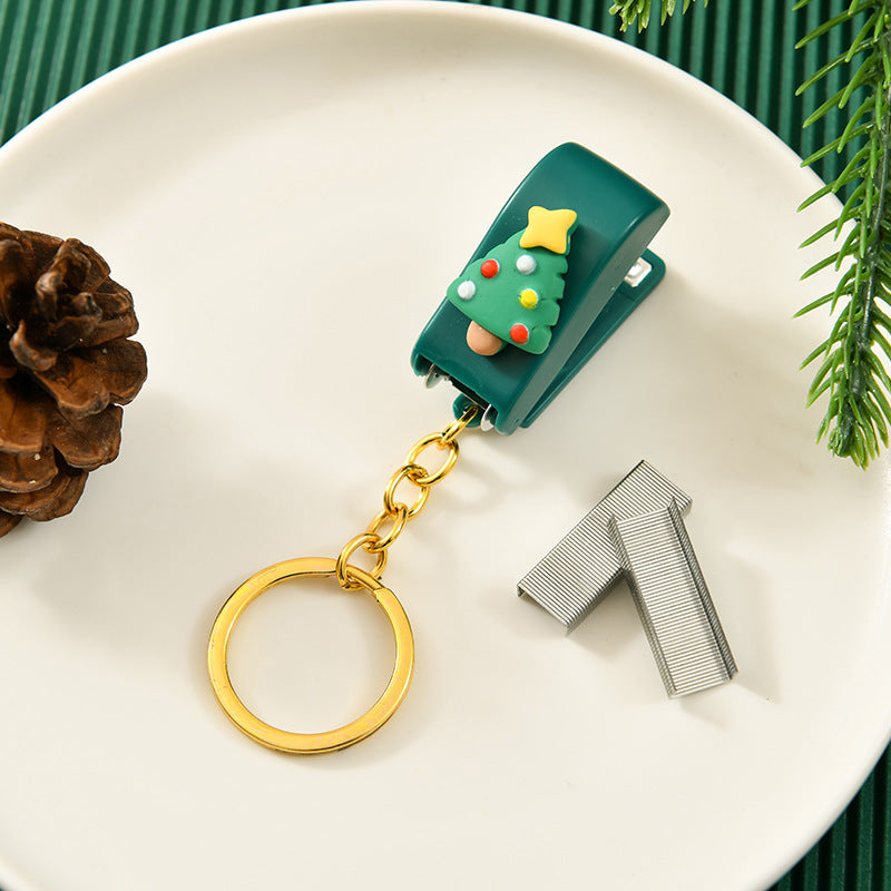 Christmas Cute Cartoon Mini Stapler Student Small Stapler With Keychain