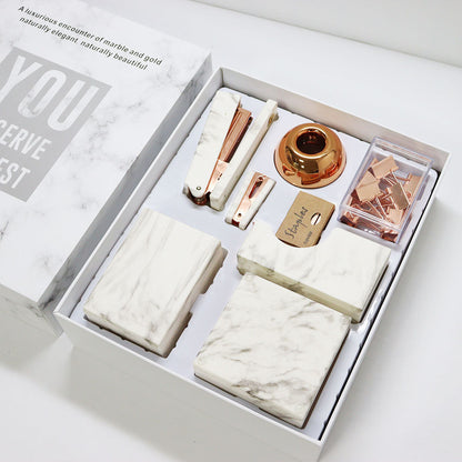 Office Set Marble Pattern Pen Holder Stapler Tape Base Memo Pad